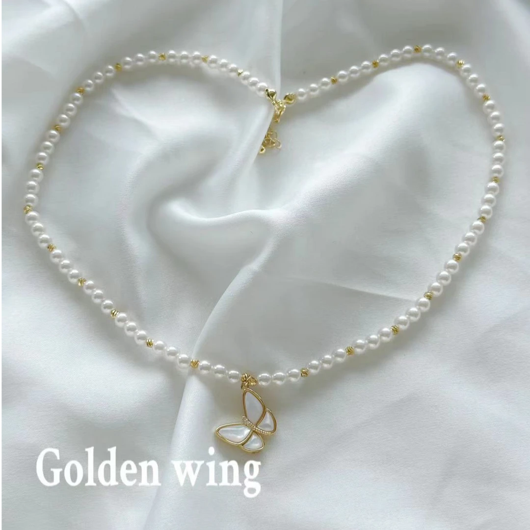 铜合金仿珍珠项链 Golden wing时尚经典白贝蝴蝶珠珠项链4029