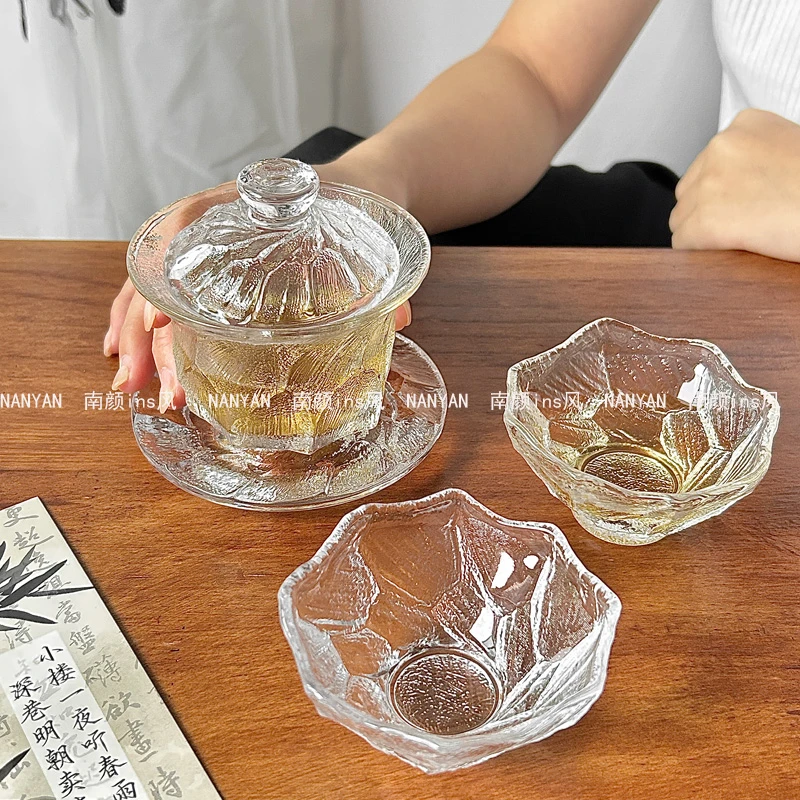 复古玄冰水晶玻璃茶杯三才盖碗轻奢高档泡茶器功夫茶具家用泡茶碗