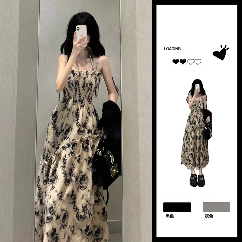 DJB624玫瑰吊带连衣裙子海边旅游度假长裙法式小众夏季新款女装