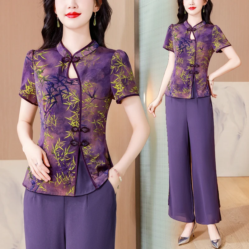 短袖上衣套装2025夏季新款中年妈妈新中式改良旗袍阔腿裤两件套