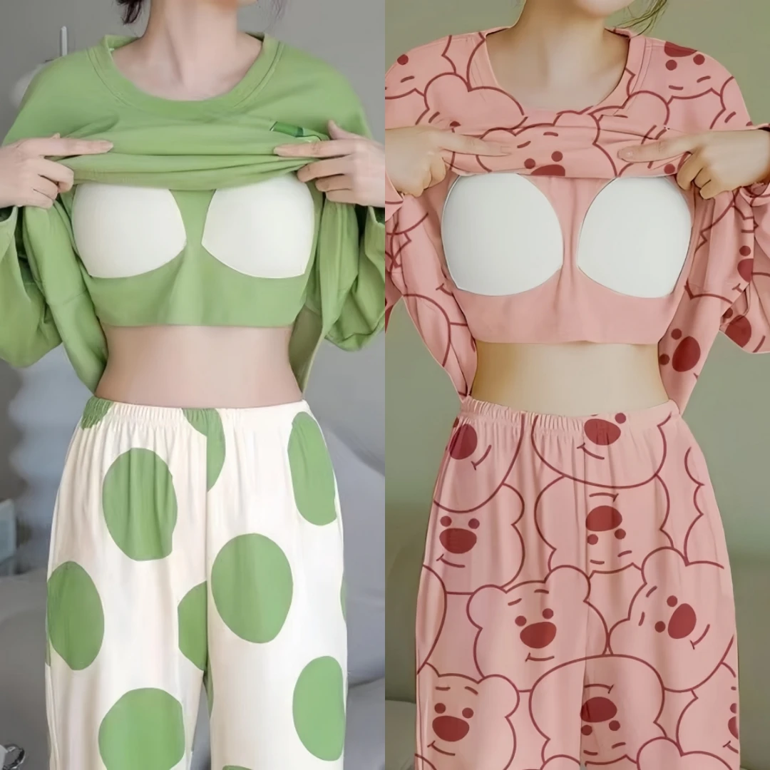 买一送一2024带胸垫女士睡衣春秋季大码长袖休闲家居服套装可外穿