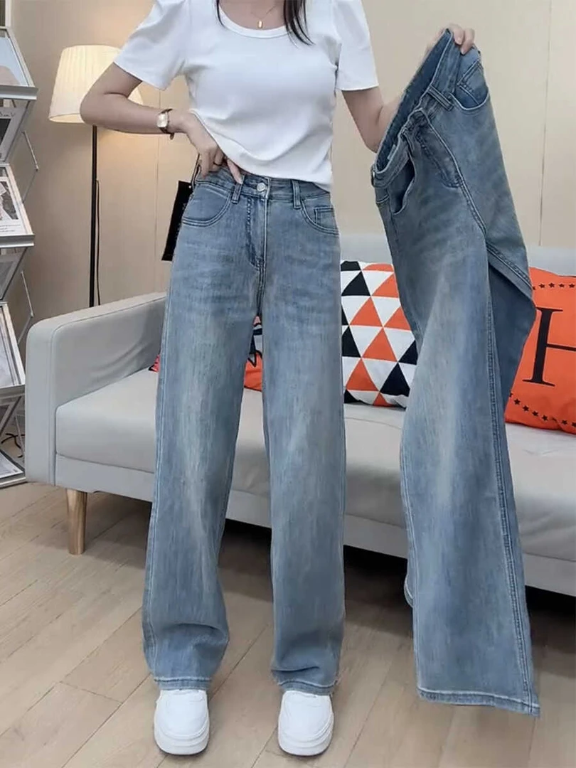 2025秋季新款梨型身材直筒牛仔裤显瘦大码窄版弹力阔腿长裤女