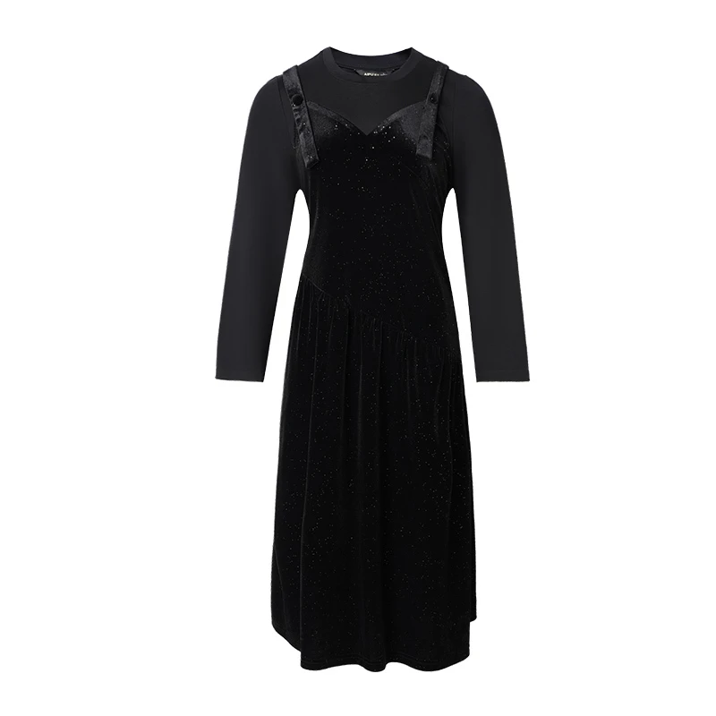 52376女装大码拼接假两件连衣裙高级感2024秋季胖mm显瘦中长裙