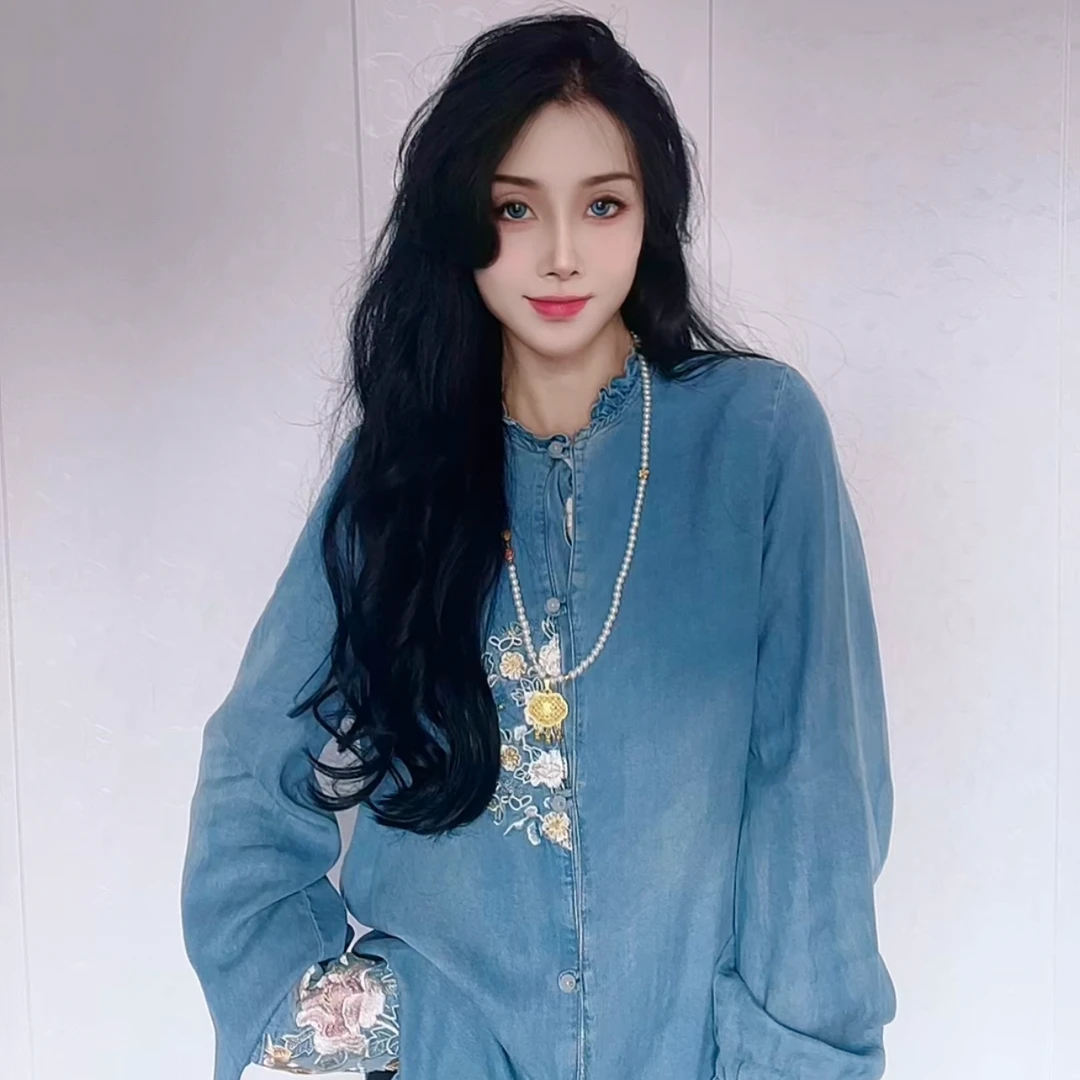 名品汇重工刺绣牛仔外套蓝色时尚新中式复古中国风气质网红古风