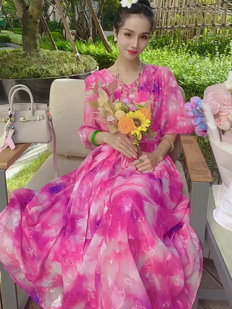 【梦幻花镜】带腰带油画风提花原创大裙摆显瘦长裙