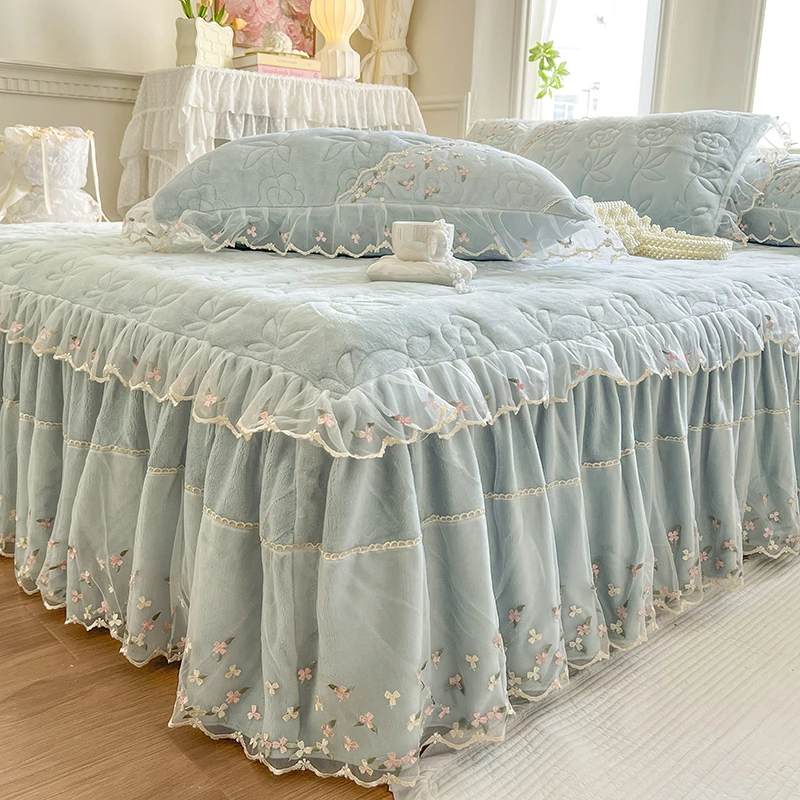 优雅法式蕾丝公主风牛奶绒床裙2024冬季新款夹棉加厚柔软保暖床罩