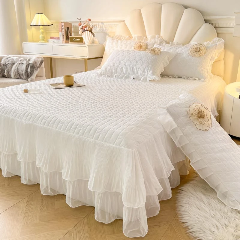 韩式公主风纯色雪纺花边床裙床笠加厚夹棉床套罩防滑席梦思床罩套
