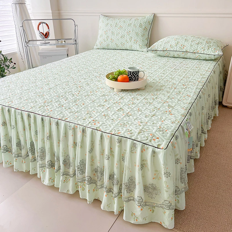 四季款公主风蕾丝夹棉床裙加厚防滑床罩2024新款印花床盖床围裙