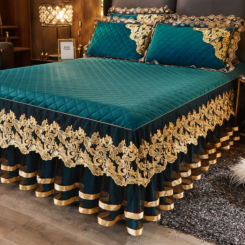 欧式夹棉水晶绒蕾丝床裙秋冬加厚保暖加绒席梦思床罩式防滑床单罩