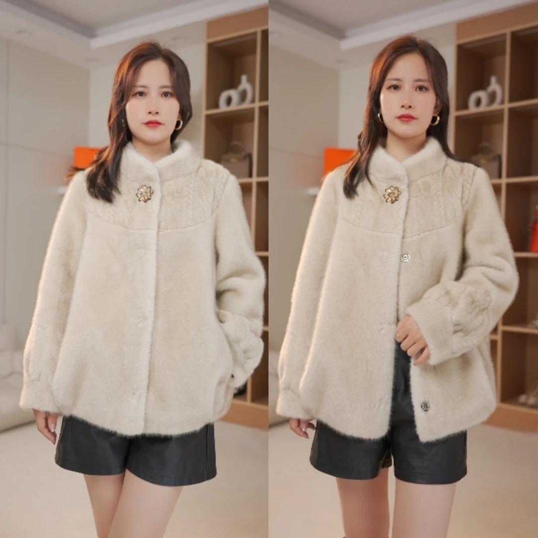 【宠粉1】2023冬季新款皮毛一体保暖时尚休闲立领女士气质百搭外套