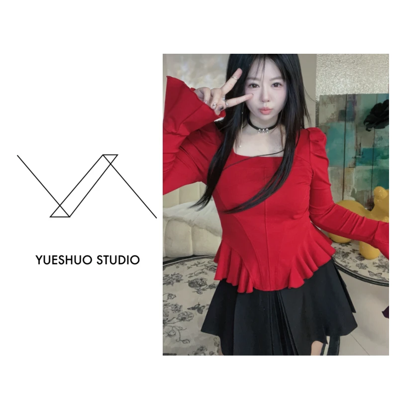 【色彩玩家】红色 秋冬气质修身显瘦长袖T恤  微胖 大码  高个子