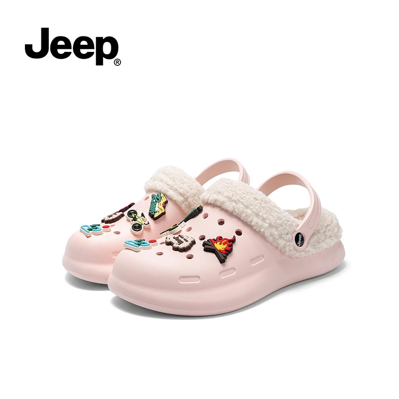 Jeep吉普棉拖鞋情侣冬季外穿加绒洞洞鞋厚底保暖女休闲防滑T