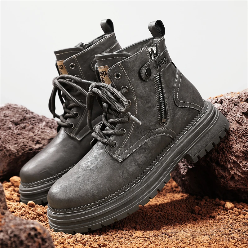 Jeep吉普复古马丁靴男新款工装鞋黑色秋冬季户外高帮休闲鞋百搭C