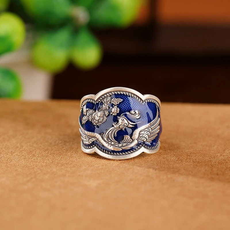 足银珐琅戒指 莲花凤凰国潮女士戒指复古戒指民族蓝时尚国风指环