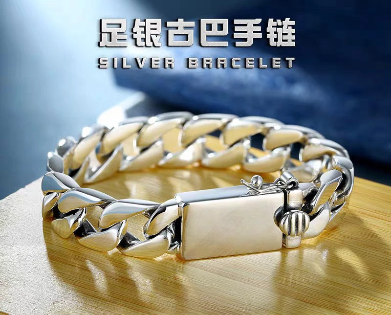 925银手链 古巴10M时尚简约个性潮流韩版素款霸气手工纯银手链