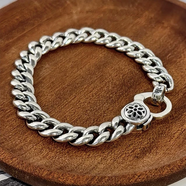 925银手链 C扣古巴手链男款六字真言时尚复古银侧身链做旧老板链