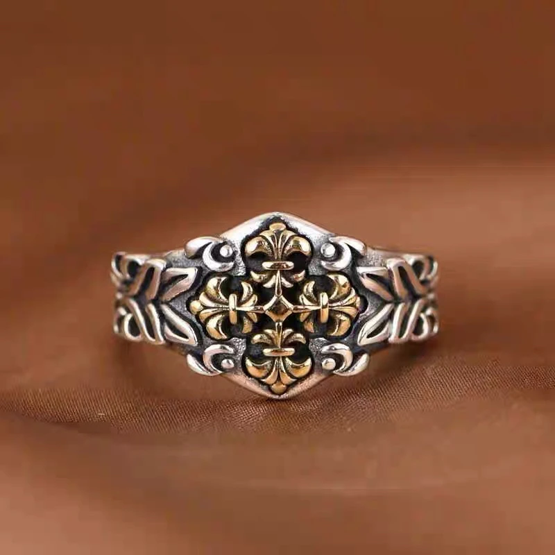 足银戒指 十字指环男款复古个性时尚可调节经典情侣戒指手工做旧