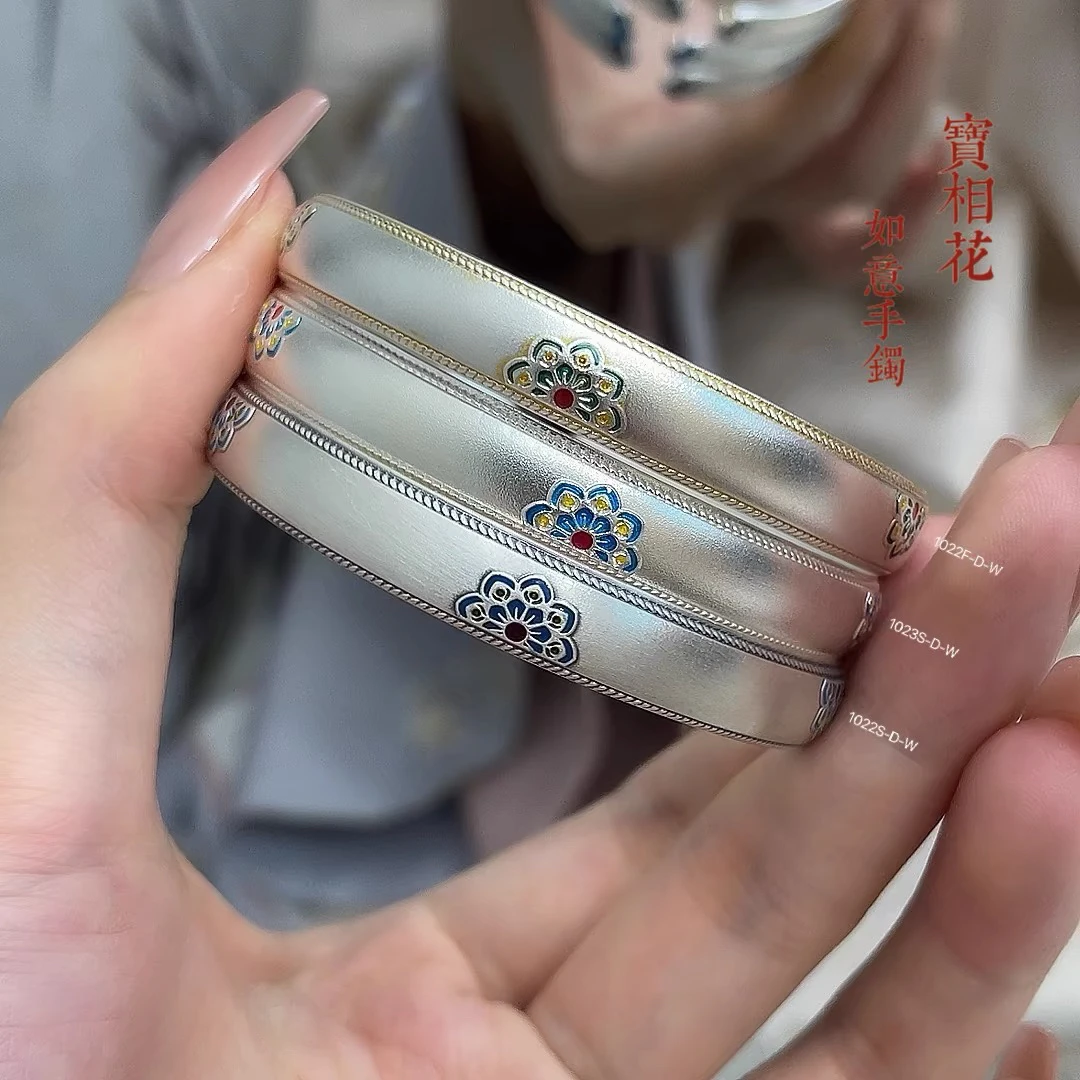 足银手镯 珐琅彩描金五朵宝相花如意手镯纯银手环送女友礼物古风