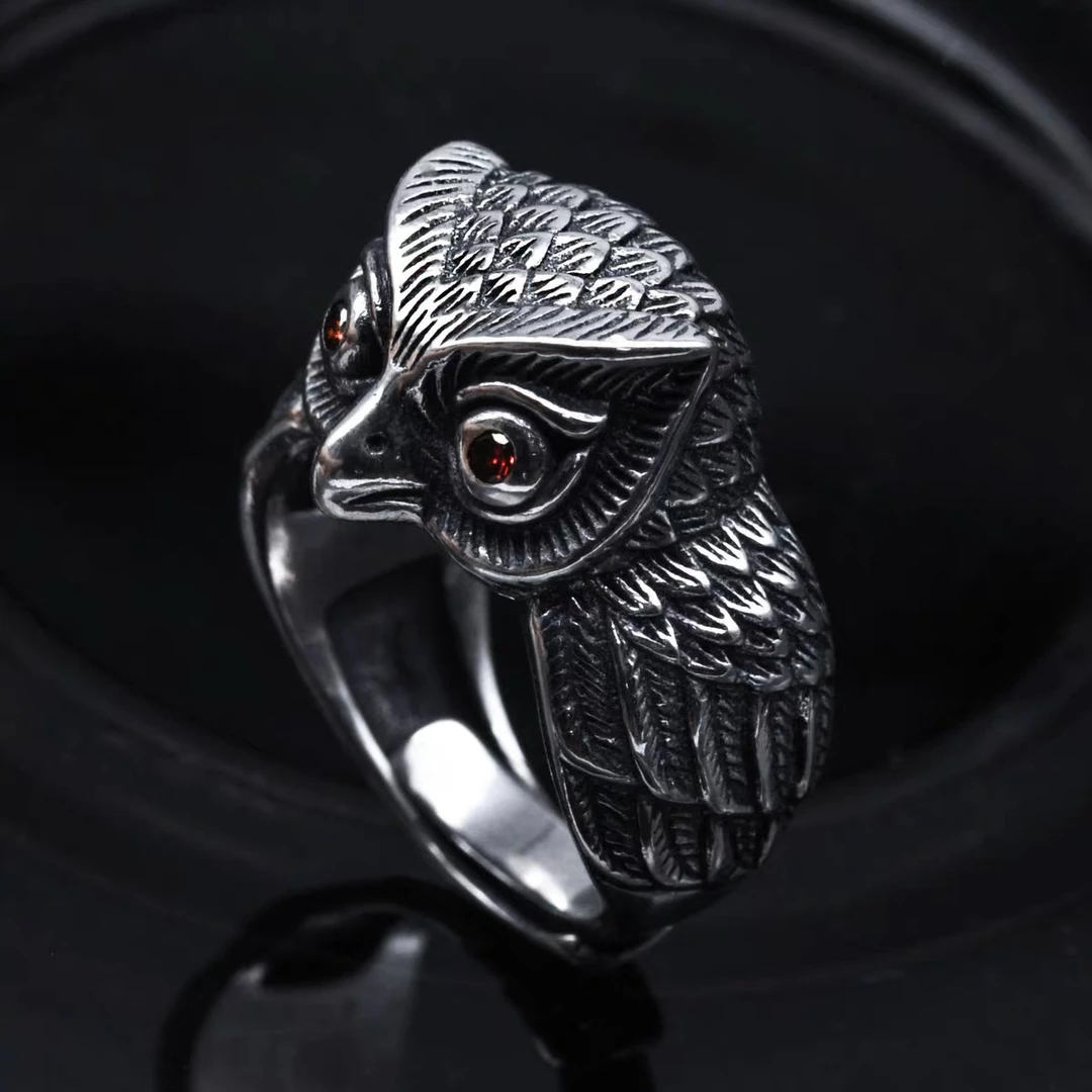 925银合成锆石戒指 猫头鹰戒指男士饰品复古个性指环时尚创意潮流