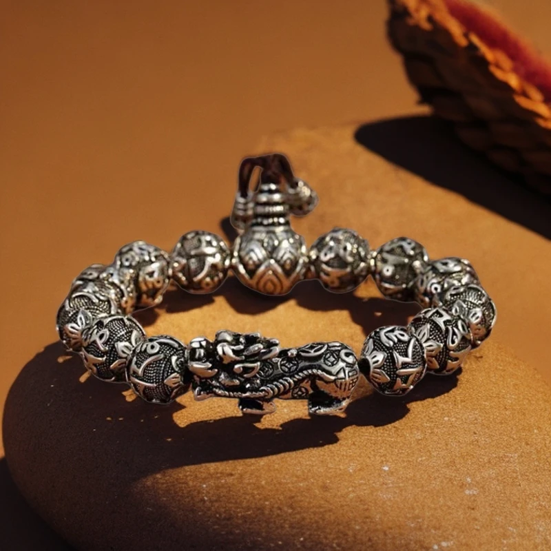 足银手链 貔貅六字吉言手串实心手链弹力绳可调男士霸气大器男款