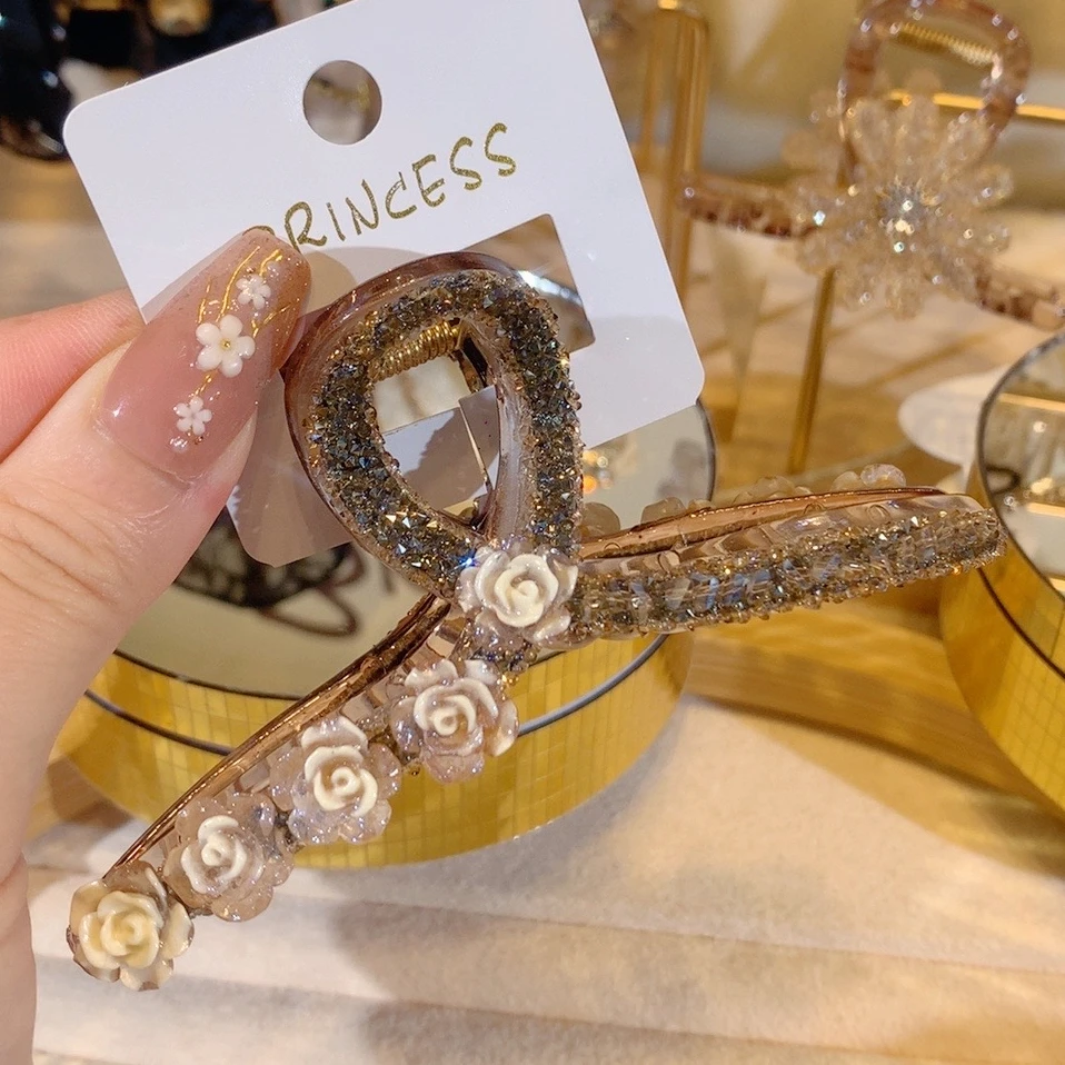 非金属亚克力发饰 大号抓夹气质山茶花发夹轻奢时尚满钻大抓夹女