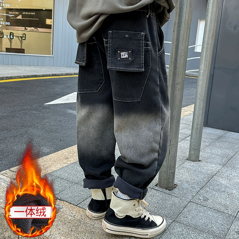 儿童装男童加绒渐变牛仔裤冬款2023新款中大童男孩加厚老爹库子潮