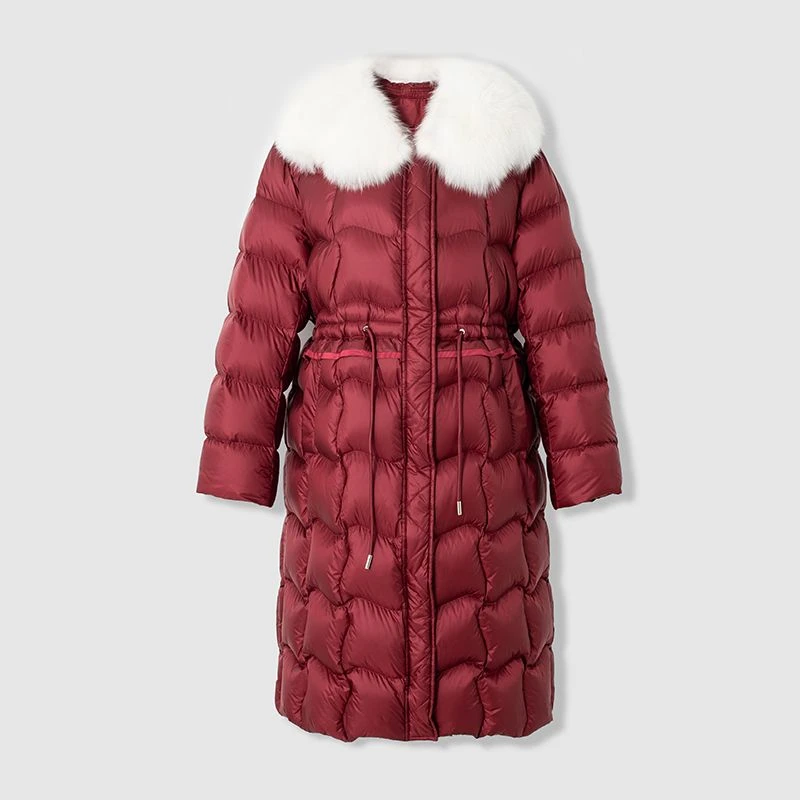 四月初九大码女装胖MM2024冬进口白狐毛领中长羽绒服【细光轻白】