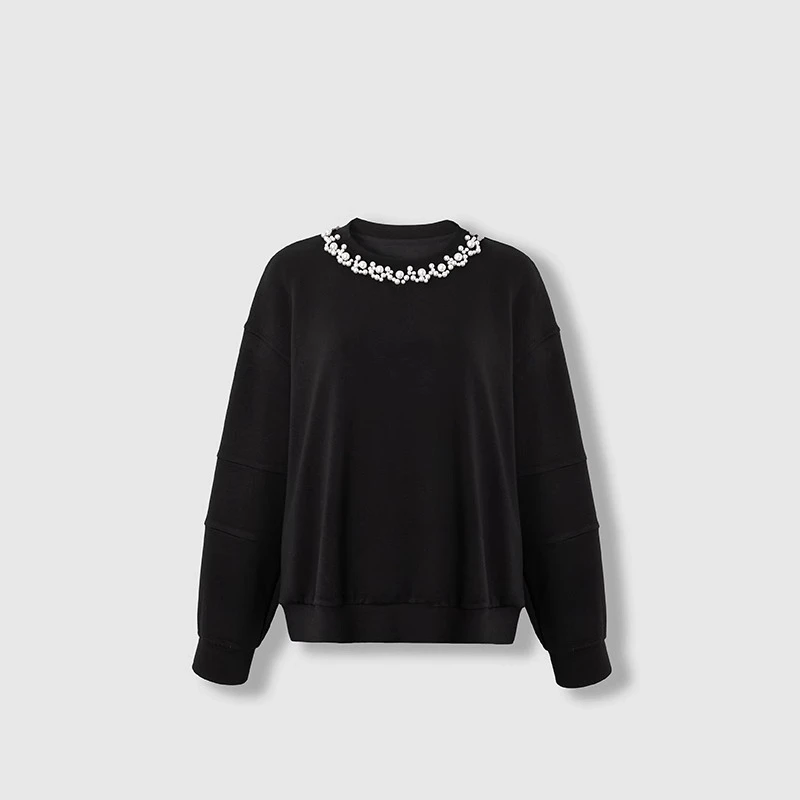 四月初九加大码女装胖MM2024秋 重工手工珍珠领长袖卫衣 巨美推荐