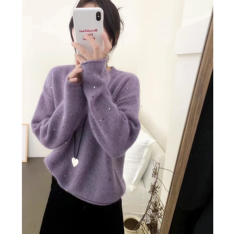 仙女紫亮片秋冬新款针织套头宽松【H126】百搭羊毛衫11082