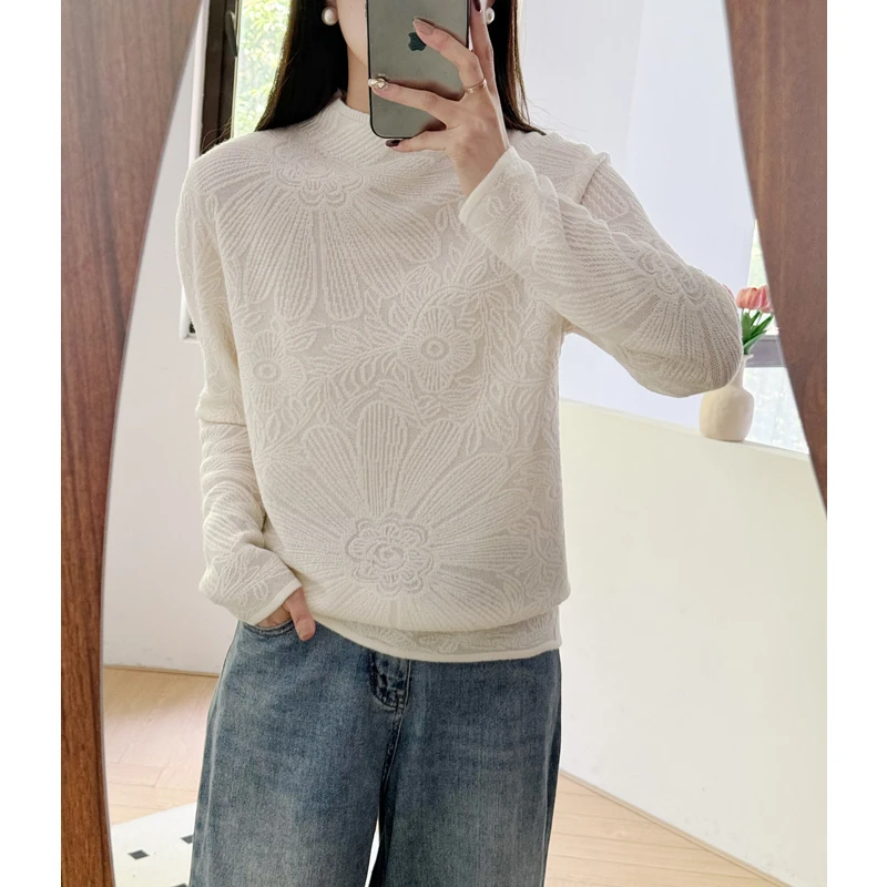 重工雕花工艺宽松半高领秋冬打底针织衫套头毛衣09231