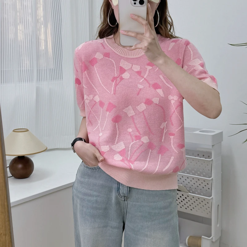 郁金香粉色短袖圆领针织衫工艺宽松春夏季丝光绵羊毛T恤2153