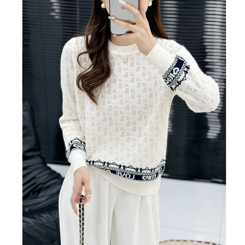 D字母钩花秋冬新款针织套头宽松百搭羊毛衫11071