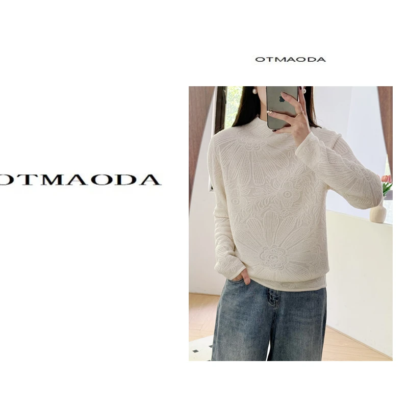 重工雕花工艺半高领打底针织衫套头毛衣绵羊毛衫09231