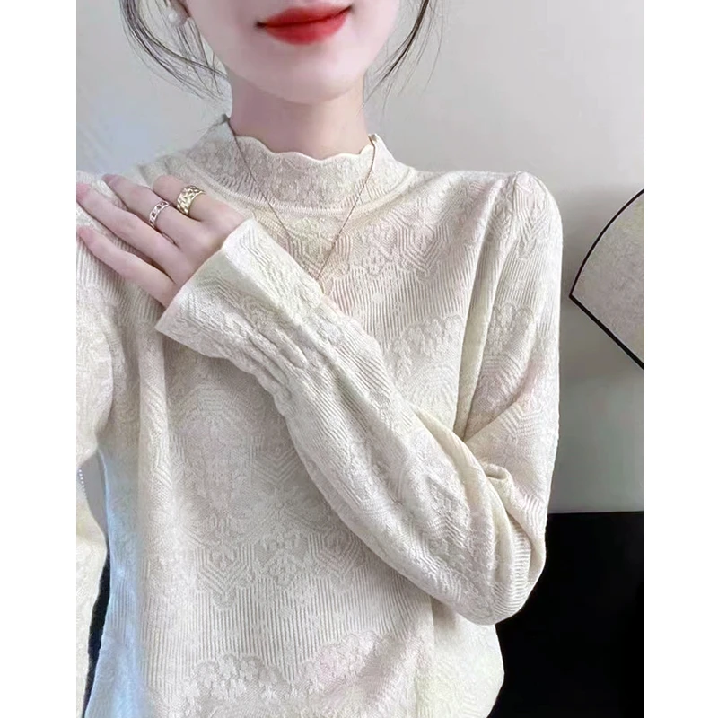 花瓣领精美宽松半高领秋冬打底针织衫套头毛衣10061