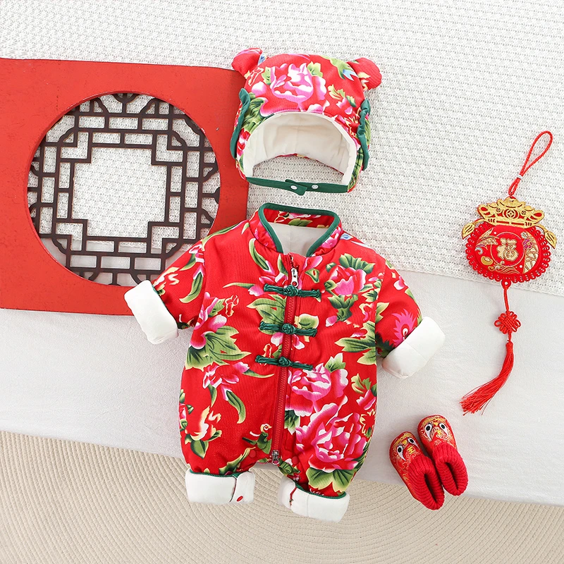 婴儿厚棉衣东北大花连体衣中国风保暖新生儿宝宝拜年服ZPD3456