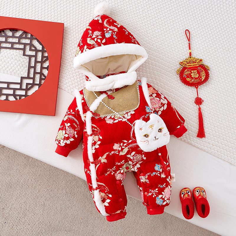 智婴美 新生婴儿冬季棉服中国风唐装可爱小兔包包连体+帽YPD2951