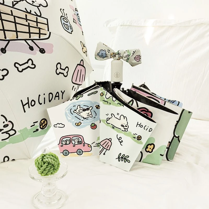 可爱线条小狗自动折叠伞女防晒便携遮阳伞晴雨网红雨伞防紫外线