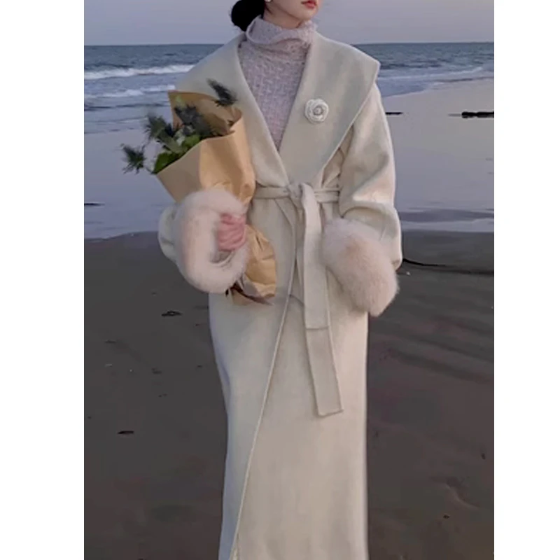 温柔高端韩系山茶花C家长款全羊毛狐狸毛大衣冬毛呢外套白色气质