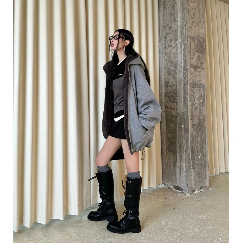 IAMCPLUS 自由穿搭 慵懒双面穿空气层环保毛毛宽松毛呢外套女冬季