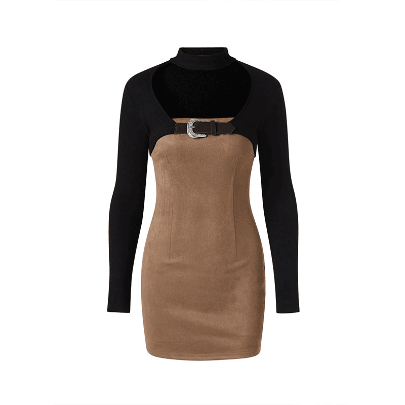 IAMCPLUS 拥抱日落 挖空皮带高领拼接连衣裙针织打底女士黑色秋冬