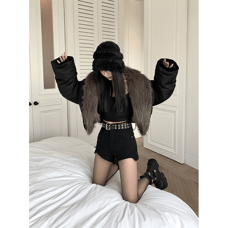 IAMCPLUS 漫长黑夜 面包棉服长短款外套冬季外套女百搭设计感拼接