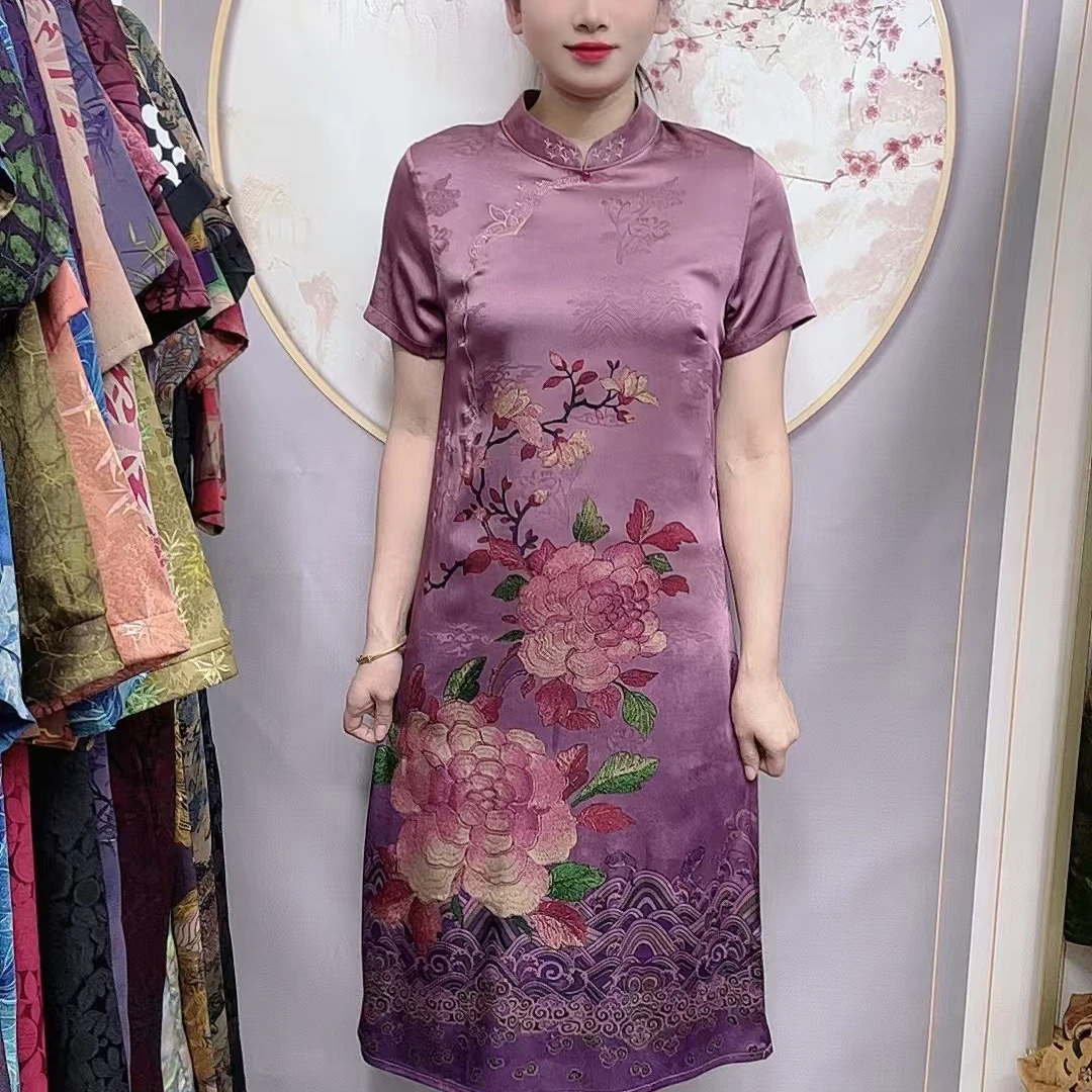 【粉花旗袍】国风妈妈装宽松连衣裙高档中年女装夏季优雅气质长裙