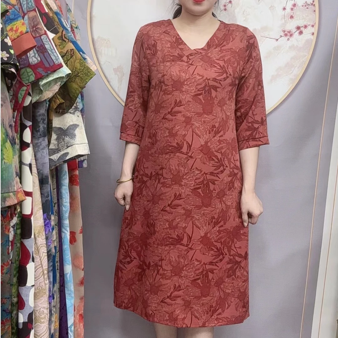 【柳叶红中袖】2024夏季妈妈装高端连衣裙气质中年女装优雅过膝长裙