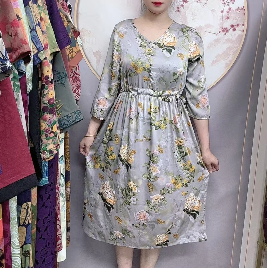 【系带银花】时尚长袖女装连衣裙春夏妈妈装宽松显瘦中长款收腰长裙