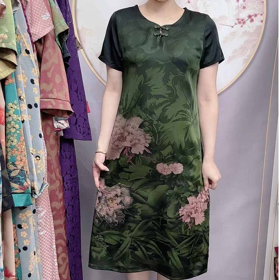 【绿荷盘扣】国风妈妈装宽松连衣裙高档中老年女装夏季优雅气质长裙