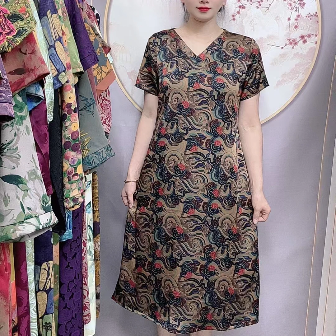 【如意红花】2024夏季妈妈装气质短袖连衣裙洋气中老年女装宽松长裙