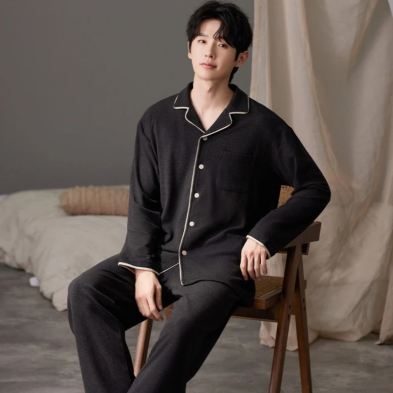 莉莉家阳离子绒黑色男翻领开衫秋冬加厚加绒保暖家居服88688