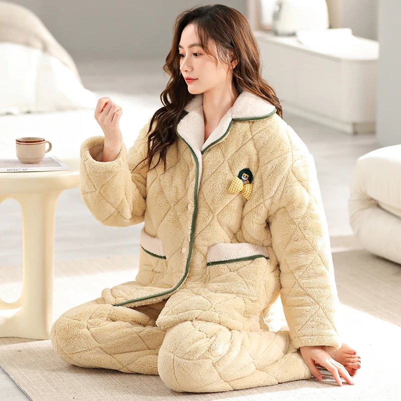 莉莉家三层夹棉女睡衣黄色蝴蝶结秋冬款加厚加绒保暖家居服99058