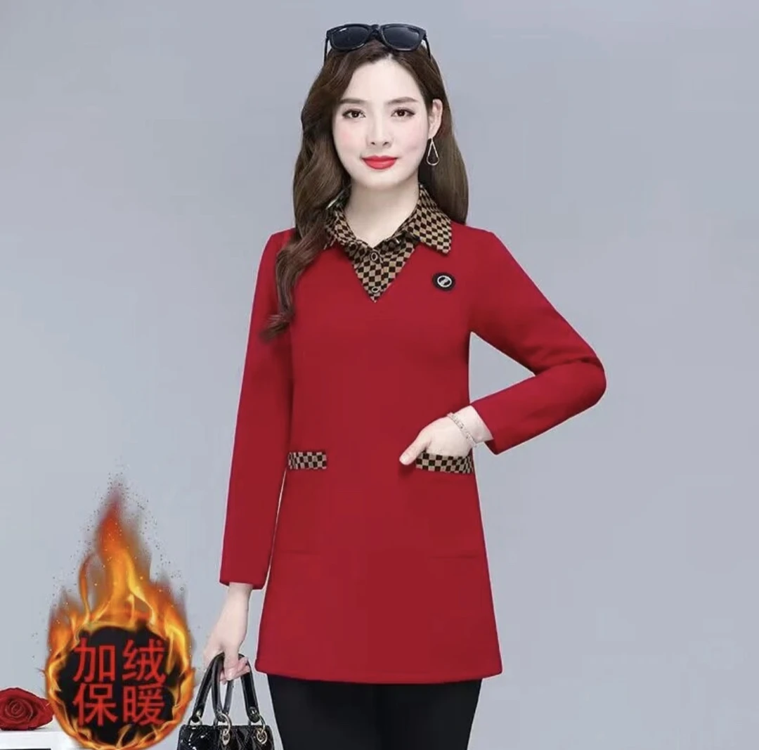 （加绒加厚）新款大码妈妈装冬款纯色宽松显瘦打底衫中年女款上衣