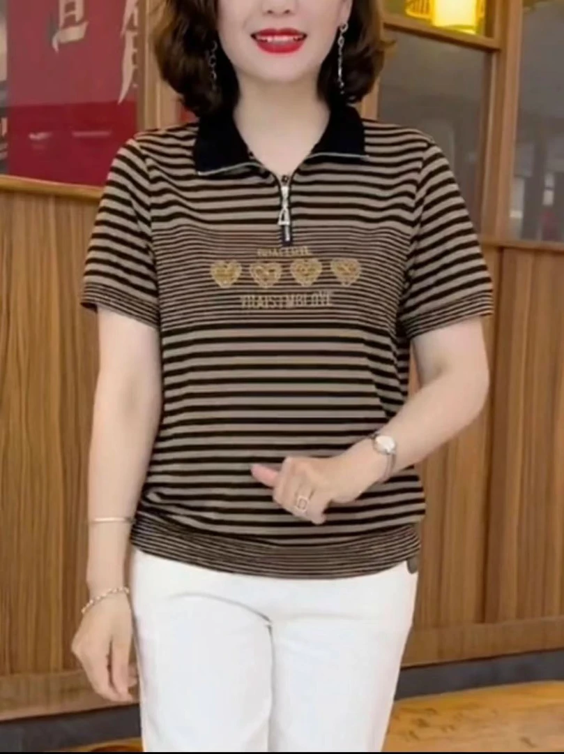 2025原版正品妈妈春夏季新款立领宽松洋气上衣条纹显瘦中老年女装